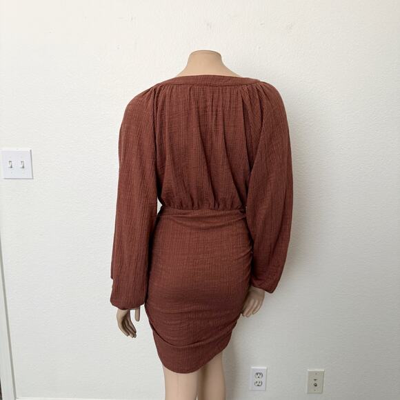 [ASOS] Brown Textured Long Balloon Sleeves Front Tie Ruched Mini Dress Size US 4 - Picture 2 of 12